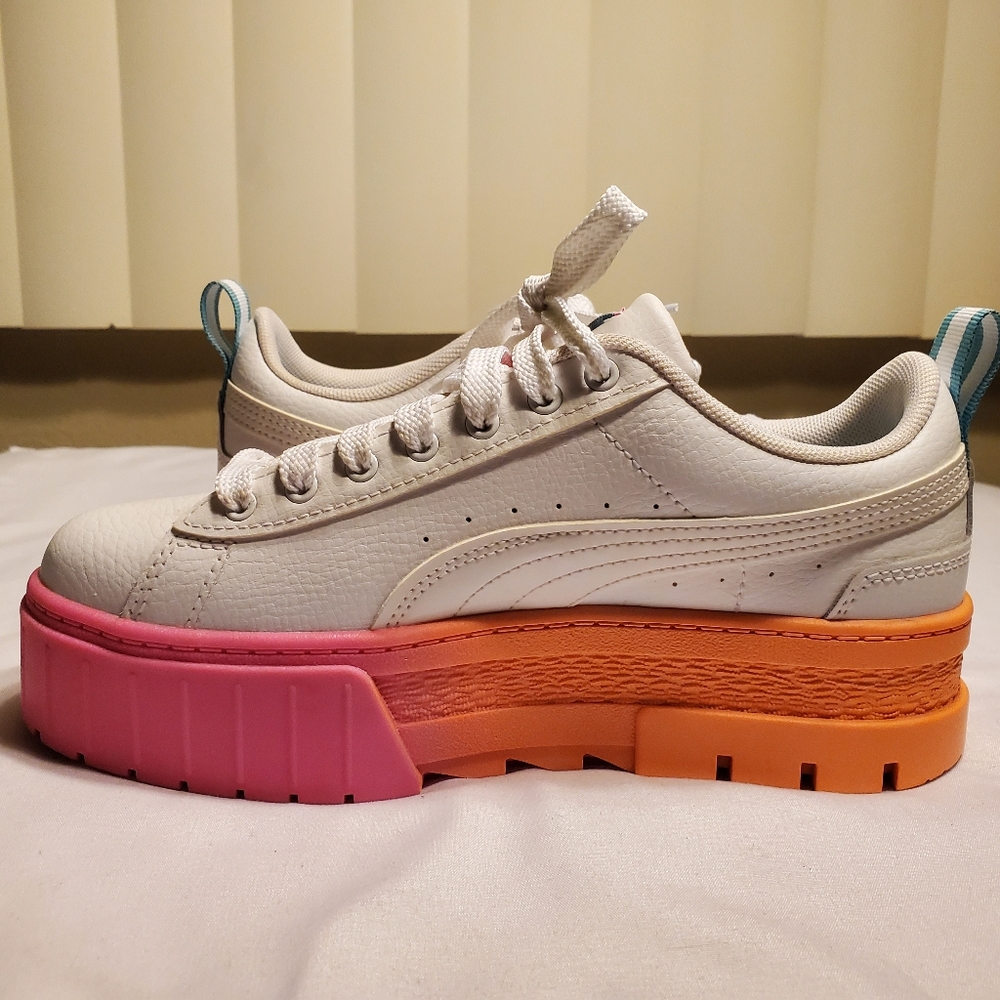 Puma Mayze Daybreak Neon Pink Orange Platform Leather Sneakers Size 5.5 Youth